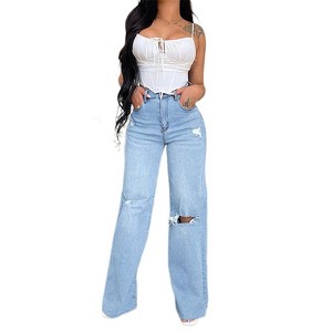 Coolmee Women's High Waisted Straight Ankle Wide Leg Ripped Jeans Frayed Hem Loose Jeans Denim Pants - 1 of 4