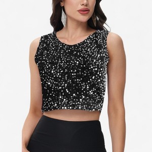 Anna-Kaci Women's Sleeveless Sequin Crop Top with Round Neckline and Sparkle Embellishment - 1 of 4
