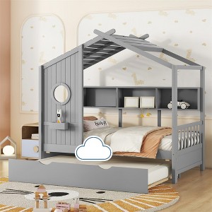 Wooden Full Size/Twin Size House Bed With Trundle, Platform Bed Frame With Storage Shelves, Easy Assembly For Girls Boys - 1 of 4