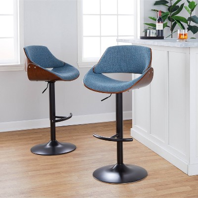 Walnut Wood and Blue Fabric Adjustable Swivel Barstools, Set of 2