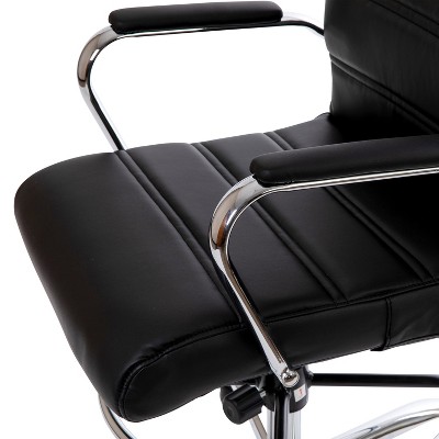 Mid-Back Black Leather Swivel Drafting Chair with Silver Frame