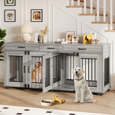 Coucheta 71" Wooden Large Dog Crate for 2 Dogs, Multi-Functional Indoor Kennel with Divider & Door, TV Stand & End Table for Large/Medium Dogs