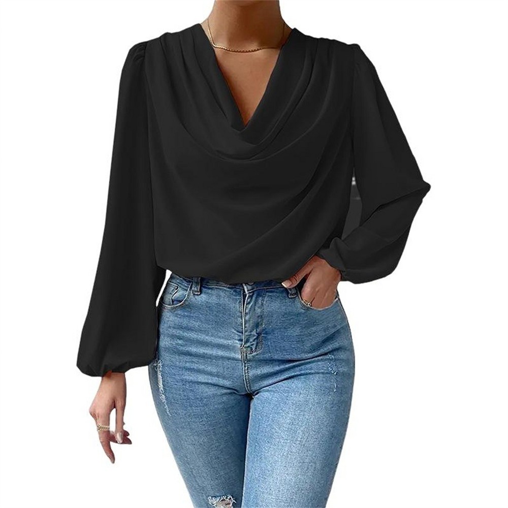 Women's Chiffon v-Neck Bishop Sleeve Blouse – Flowy Drape Sleeve Shirt