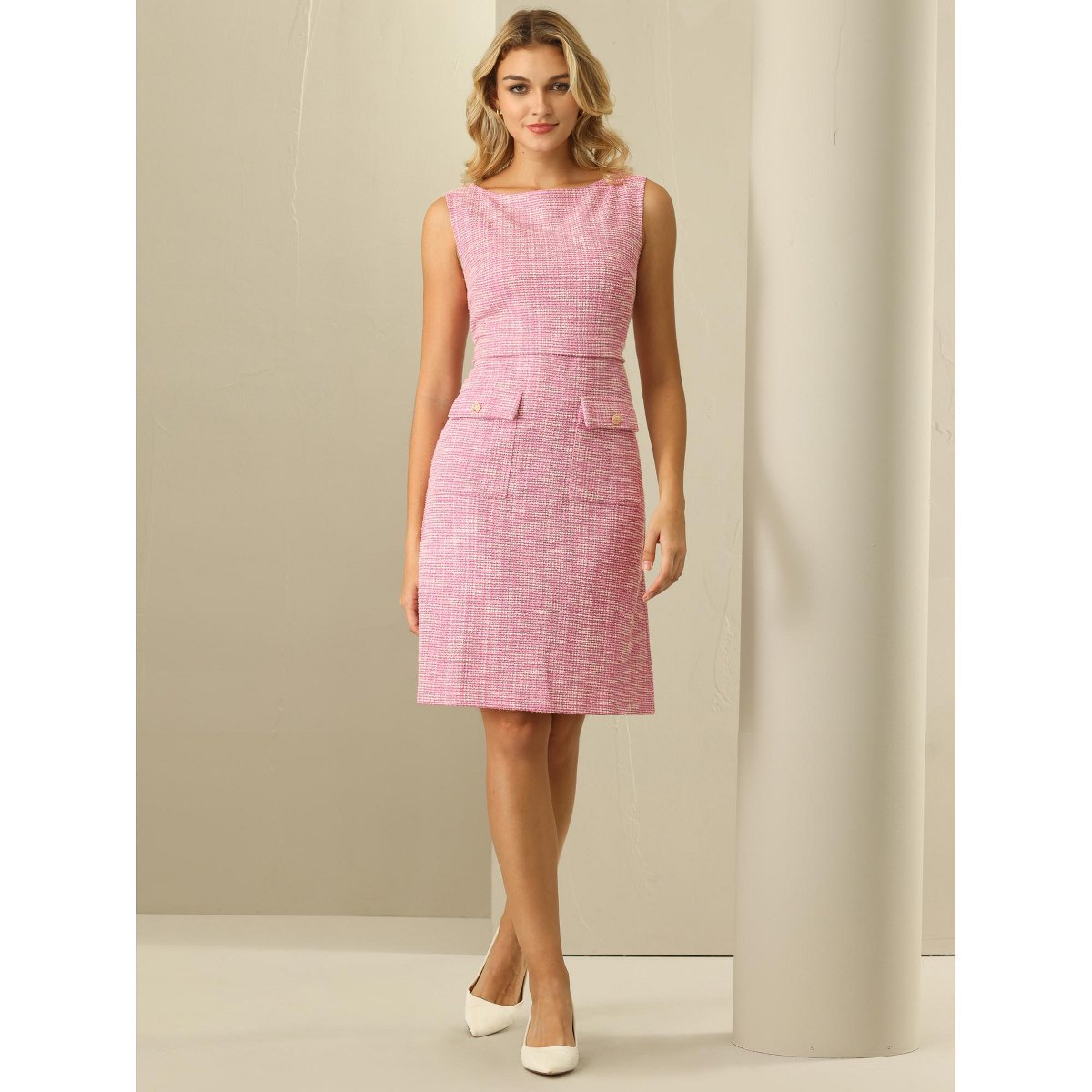 Женские платья INSPIRE CHIC Women's Sleeveless Tweed Boat Neck Work Office Sheath Dresses Pink Medium — фото 3