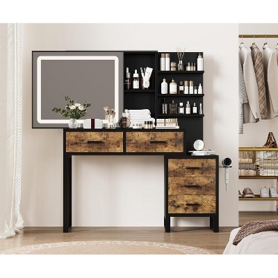 Makeup Vanity Mirror with Lights, Vanity Table and Chair Set with 5 Drawers and Charging Station, Dresser LED Sliding Mirror, Black