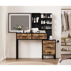 Makeup Vanity Mirror with Lights, Vanity Table and Chair Set with 5 Drawers and Charging Station, Dresser LED Sliding Mirror, Black - 1 of 4
