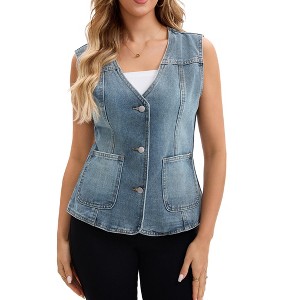 INSPIRE CHIC Women's V Neck Patch Pockets Button Down Sleeveless Denim Vest - 1 of 4