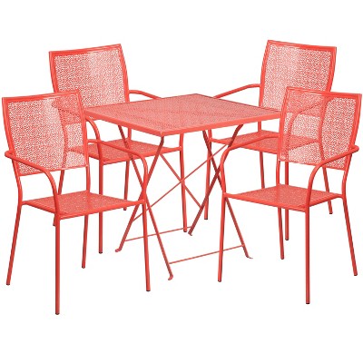 Emma and Oliver Commercial 28" Square Metal Folding Patio Table Set w/ 4 Square Back Chairs