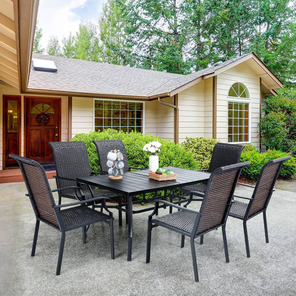 7pc Patio Dining Set with Rattan Arm Chairs & 59x35 Rectangle Table Captiva Designs