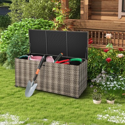 96 Gallon Gray Wicker Deck Box with Wheels