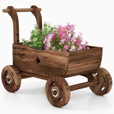 Tangkula Wooden Wagon Planter Box Decorative Garden Planter w/ Wheels Handle Drain Hole Rustic Wooden Flower Planter