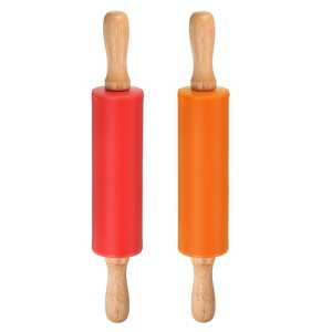 Unique Bargains Silicone Smooth Non-Stick Wooden Handle Kitchen Rolling Pin 2 Pcs - 1 of 4