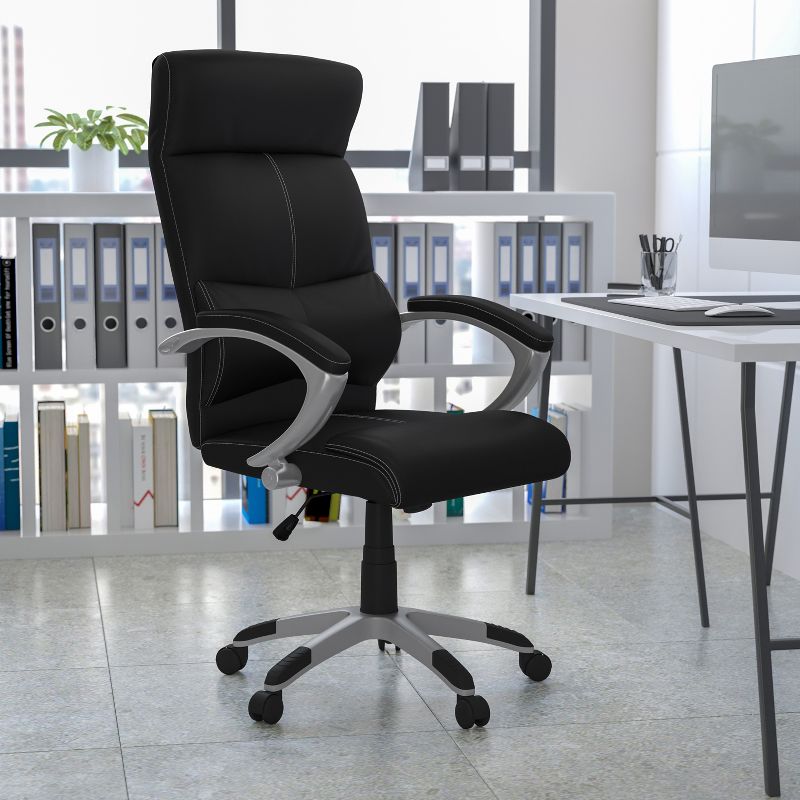 Flash Furniture Karen High Back Black LeatherSoft Executive Swivel Office Chair with Curved Headrest and White Line Stitching, 3 of 8