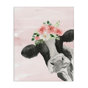 Stupell Industries Dairy Farm Cow Watercolor Portrait Pink Floral Crown Canvas Wall Art - 1 of 4