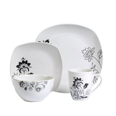 Rebecca Square White and Black Floral Porcelain Dinnerware Set, Service for 4