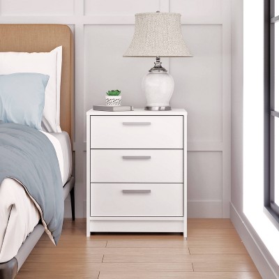 White 3-Drawer Wood Nightstand with Engineered Composite Top
