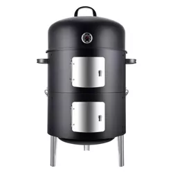Realcook 17 Inch Vertical Heavy Duty Round Steel BBQ Charcoal Outdoor Smoker with Latch Locking System and Dual Entrance Doors, Black
