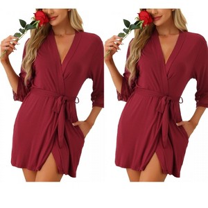 INSPIRE CHIC Women's 2 Pcs Lightweight Knit Cotton Short Robe Sleepwear with Pockets - 1 of 4
