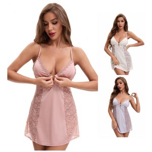 INSPIRE CHIC 3 Packs Women's Lace Mesh Deep V Spaghetti Strap Cami Chemise with Built-in Bra - 1 of 4