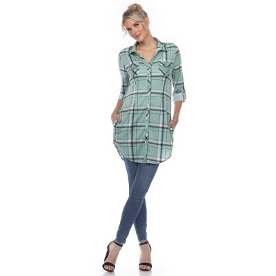 Women's Printed Plaid Roll Tab Tunic - White Mark