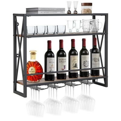 MOEPISY 3 Tiers Industrial Wall Mounted Wine Rack with Glass Holder and Metal Frame