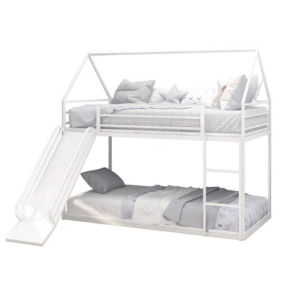TopComfy Beds Kids Bunk Bed Frame Dual Access Design Ladder Slide House Shape Triangular Roof Sleeping Area Two for Bedroom, White, 76.5"*41.3"*71"