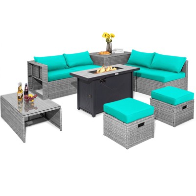 Tangkula 9 PCS Patio Furniture Set with 42" 60,000 BTU Fire Pit Outdoor Space-Saving Sectional Sofa Set with Storage Box Black/Gray/Navy/Red/Turquoise/Off White