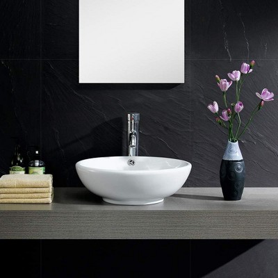 Modern White Ceramic Round Vessel Sink with Overflow