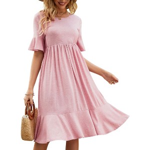 Tiered Dress Women Flowy Midi Summer Casual Short Sleeve Crewneck Swing Dress with Pockets - 1 of 4