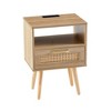 15.75" Rattan End table with Power Outlet & USB Ports , Modern nightstand with drawer and solid wood legs, side table for living room, bedroom,natural - 4 of 4
