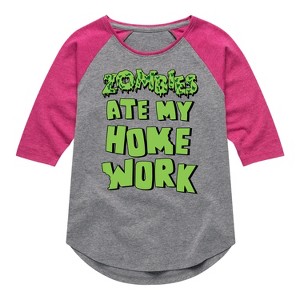 Girls' - Instant Message - Zombies Ate My Homework Shirt Tail Raglan Graphic T-shirt - 1 of 4