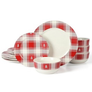 Gibson 12 Piece Plaid Decorated Round Stoneware Dinnerware Set in Red and White - 1 of 4