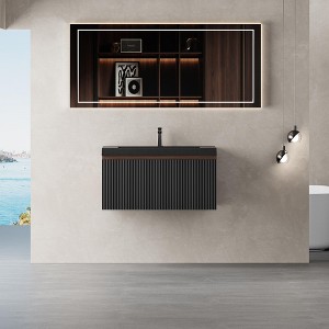 Christopher Knight Home Annabelle Modern Wood Striped Wall-Mounted Bathroom Vanity with Soft-Close Drawer and Quartz Sand Basin - 1 of 4