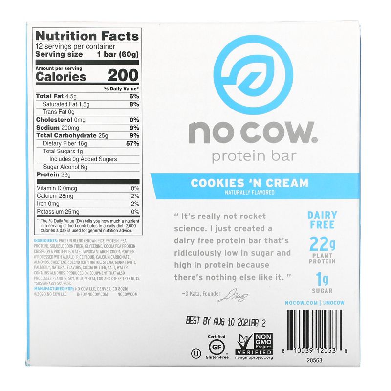 No Cow Protein Bar, Cookies n Cream, 12 Bars, 2.12 oz (60 g), 2 of 3