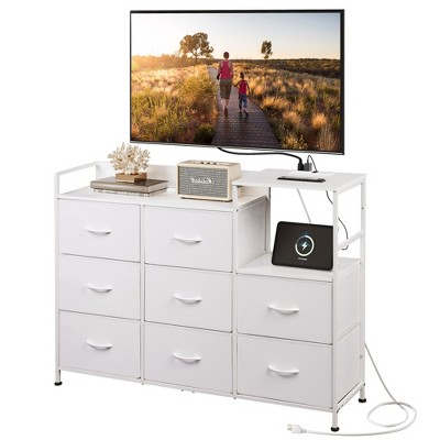 GALAXHERO 8-Drawer Fabric Dresser TV Stand with Charging Station and Open Shelves, Wood Top Storage Chest of Drawers for Bedroom, Living Room, Hallway