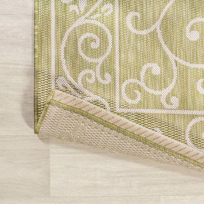 Boho-Chic Green and Cream Vintage Filigree 9' x 12' Indoor/Outdoor Rug