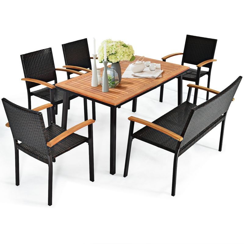 Costway 6 PCS Patio Rattan Dining Set Acacia Wood Table Stackable Chair Bench, 3 of 11
