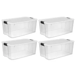 Sterilite Storage System Solution with 116 Quart Clear Stackable Storage Box Organization Containers with White Latching Lid, 4 Pack