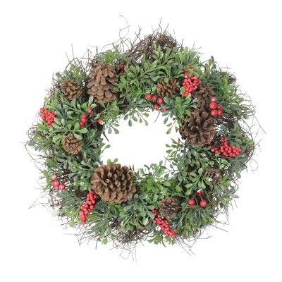 Northlight 24" Unlit Glittered Artificial Boxwood, Pine Cone and Red Berry Christmas Wreath