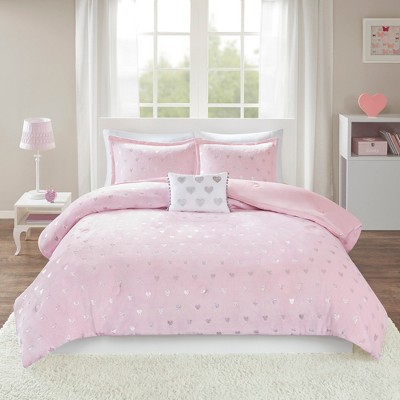 Pink Microfiber Full Kids Comforter Set with Metallic Hearts