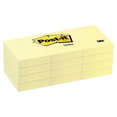 3M Post-it Original Plain Notes, 1-1/2 x 2 Inches, Canary Yellow, pk of 12