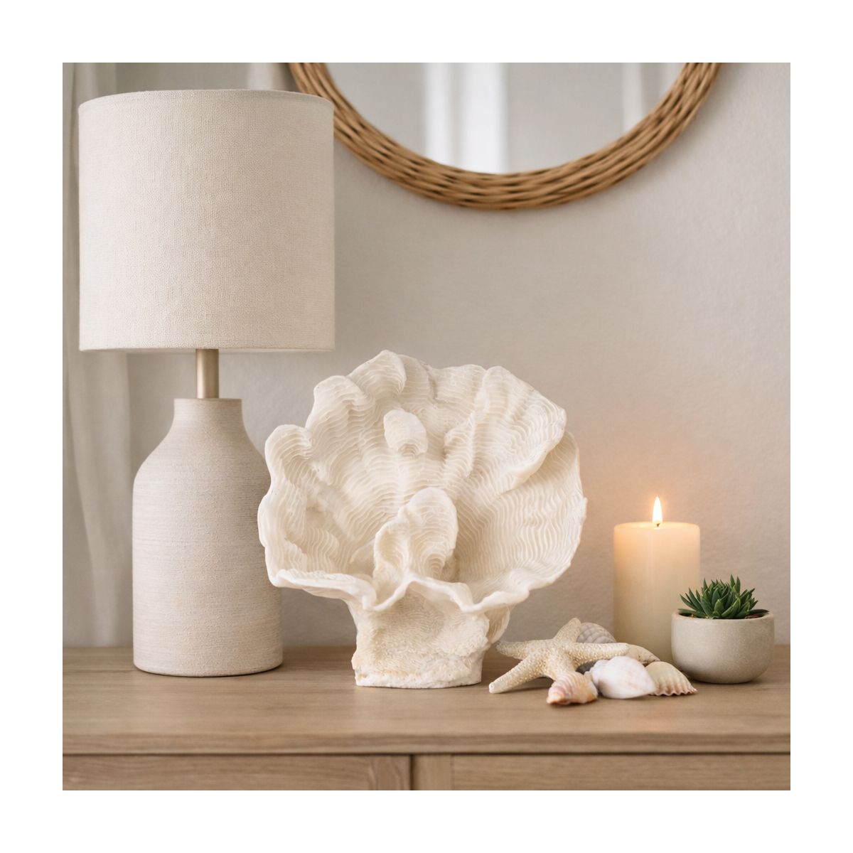 Decorative Coral Inspired Sculpture for Home, Bathroom and Living Room Decor - Coastal Resin Ornaments for Shelf and Office Display - 6", Ivory & Tan - thumbnail 2