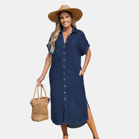 Женские платья Cupshe Women's Denim Button Front Side Slit Shirt Midi Dress -Cupshe-S-Navy