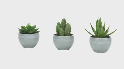 Set of 3 Green Faux Succulent Plants in Gray Pots