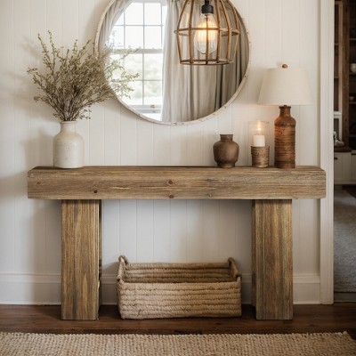 Hommoo 63" Solid Wood Console Table with Triangle Legs, Narrow Entryway Sofa Table