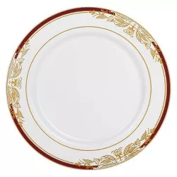Smarty Had A Party 7.5" White with Burgundy and Gold Harmony Rim Plastic Appetizer/Salad Plates (120 plates)