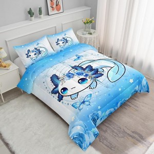 Cartoon Kawaii Comforter Set Full Size – Cute Ocean Sealife, Butterfly & Blue Floral Bedding with 1 Comforter & 2 Pillowcases, Glitter Star Quilt Set - 1 of 4