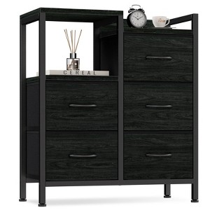 Aoibox 5 Drawer Black Dresser with 2 Tier Shelf Small Fabric Storage Chest Sturdy Metal Frame Modern Organizer Cabinet for Bedroom - 1 of 4