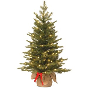 National Tree Company Pre-Lit 'Feel Real' Artificial Mini Christmas Tree, Green, Nordic Spruce, White Lights, Includes Burlap Bag Base, 3 Feet - 1 of 4