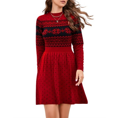 Women Long Sleeve Knitted Crewneck High Waist A-Line Cute Mini Sweater Dress